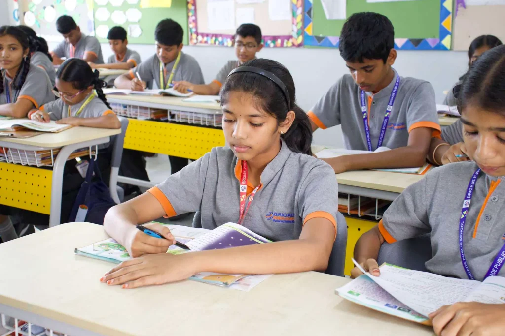 Girls studying in classroom at Brigade Public School, Gurramguda campus