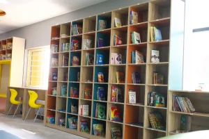 Library bookshelves at Brigade Public School, Gurramguda campus