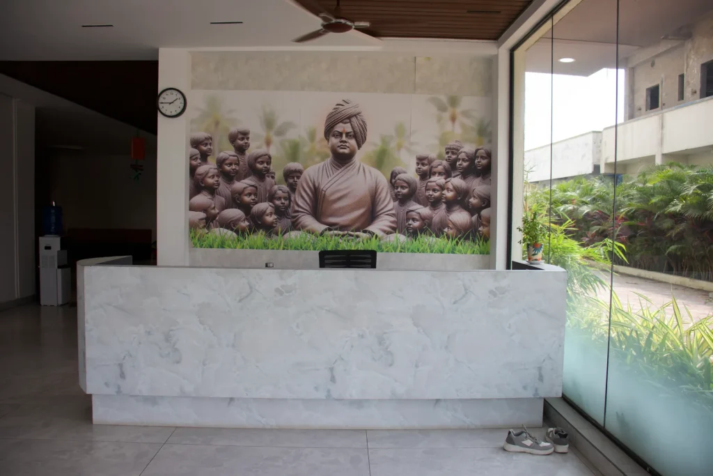Reception with Swami Vivekananda mural at Brigade Public School, Gurramguda campus