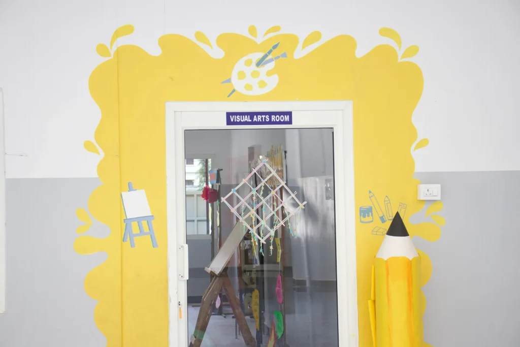 Pencil-themed classroom entrance at Brigade Public School, Gurramguda campus